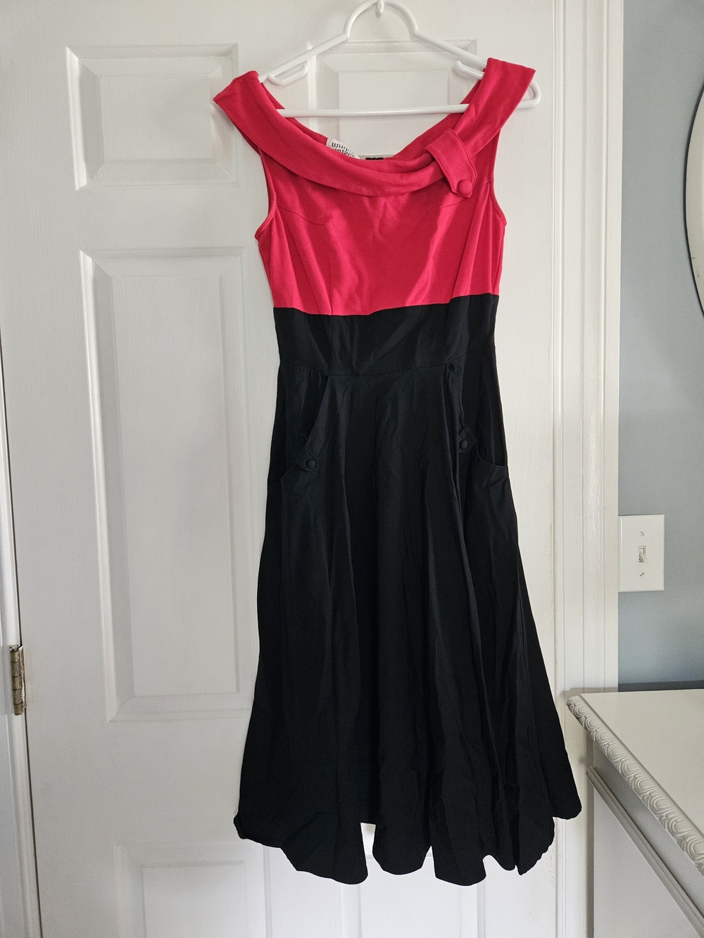 Unique Vintage Red and Black Off the Shoulder Belted Fit-and-Flare Dress